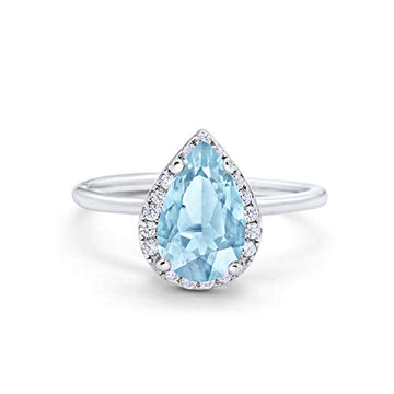 Halo Teardrop Wedding Ring Round Simulated Aquamarine CZ 925 Sterling Silver